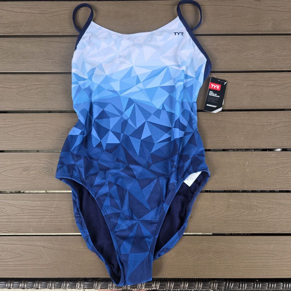 TYR Durafast Women's Blue/white Geoscope Cutoutfit One Piece Swim Size 38 New